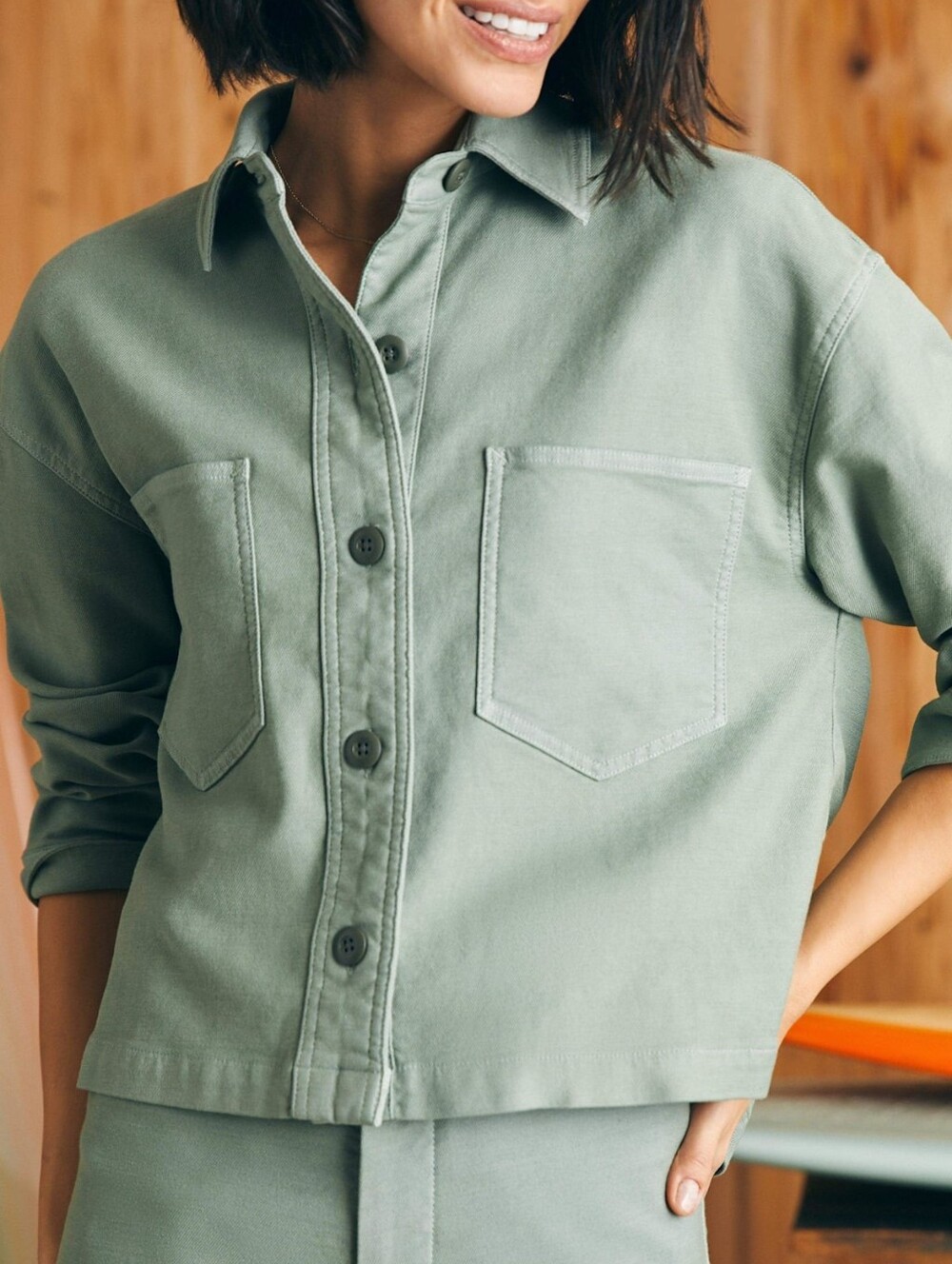 Faherty Stretch Terry Barn Overshirt Coastal Sage Large - Picture 6 of 13